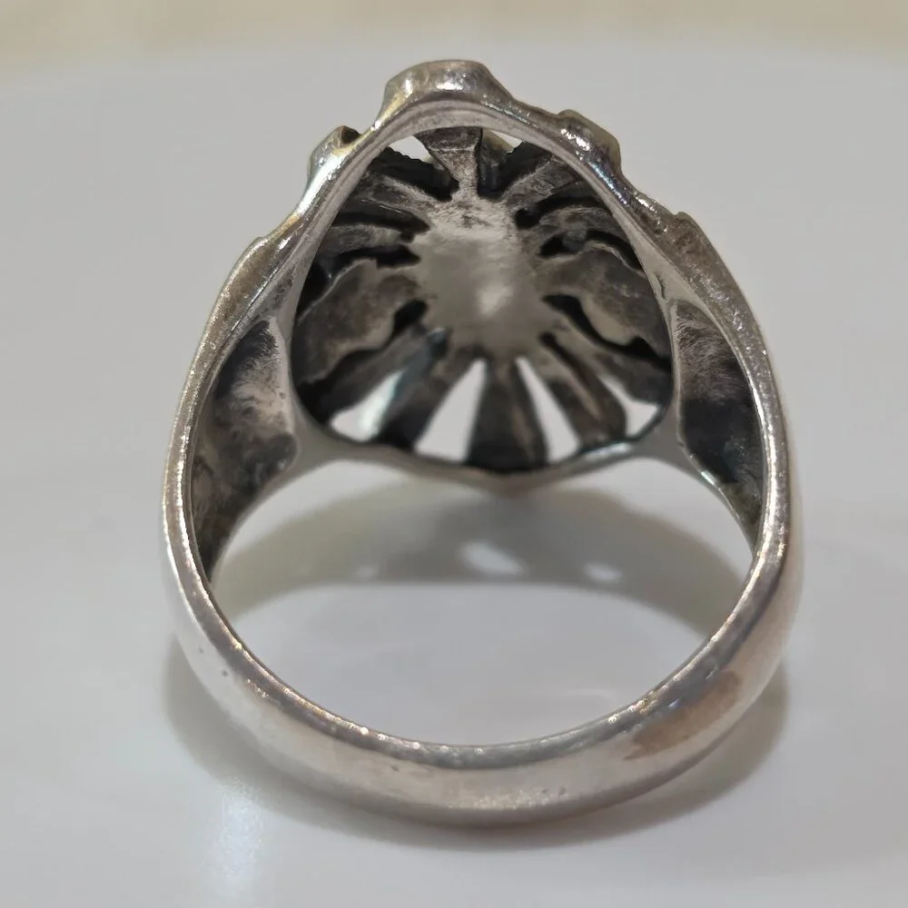 Vintage Victorian Marquise Green Chrysoprase Marcasite Sterling Silver Ring 8.75